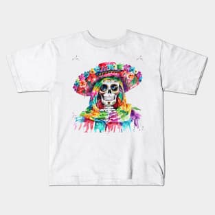 Skull In Mexican Hat Cinco De Mayo Watercolor Kids T-Shirt